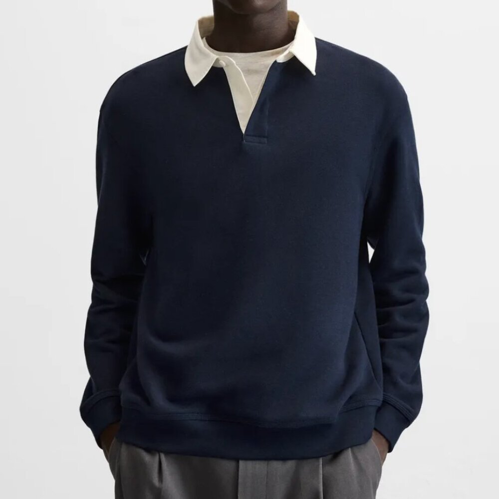 Zara Navy Blue Polo Shirt with White Collar